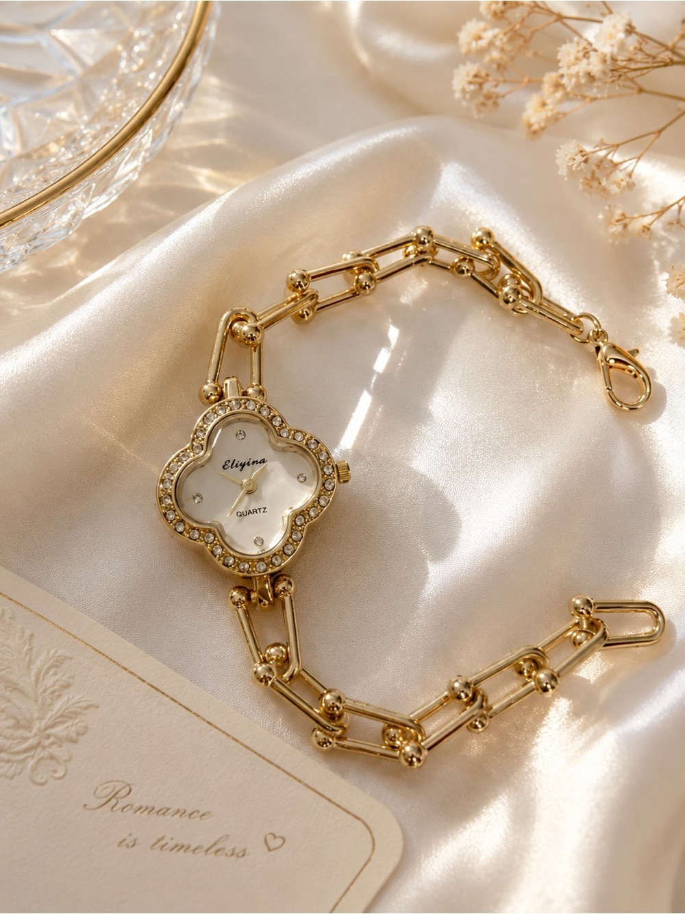 Gold Tone Rhinestone Clover Face Bracelet Watch Elegant Jewelry